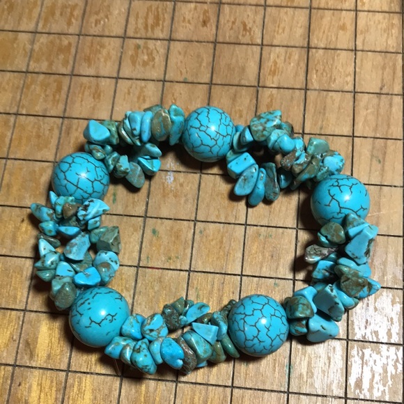 Turquoise Stone Nugget Chip, Pretty Dark Vein Ball Bead 7”L Bracelet EVC 70s 80s - Picture 9 of 11